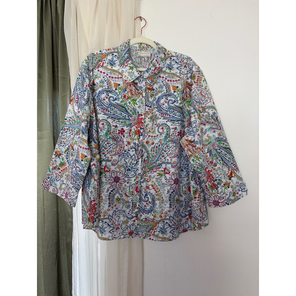 Alfred Dunner Snap Button Top Womens 22W White Paisley Burnout Floral Shirt‎